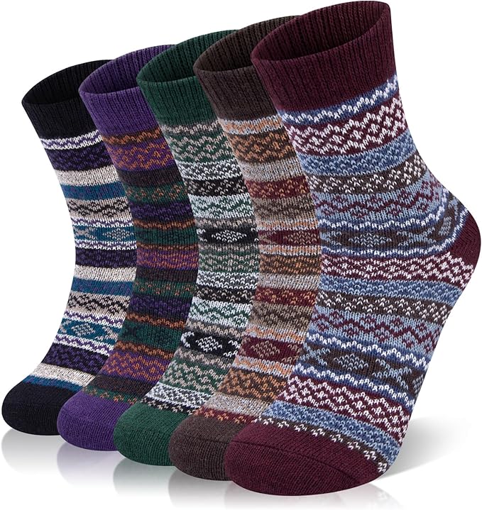 YSense Beau 5pairs Women Merino Wool Socks Thermal Chunky Winter Hiking Breathable Cushioned Cotton Socks Ladies' Cosy Warm Wool Crew Socks Gift Vintage Style