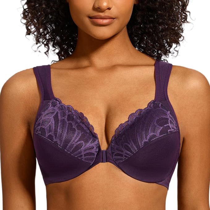 MELENECA Front Fastening Bras for Women Plus Size Underwire Unlined Lace Cup Cushion Strap Purple 38G