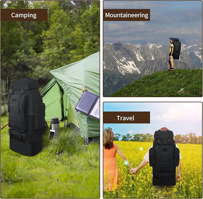 Vaupan Hiking Backpack, 100L Large Camping Backpack, Expandable Waterproof Molle Rucksack, Outdoor Sport Travel Daypack Military Tactical Backpack for Men Women (Black)