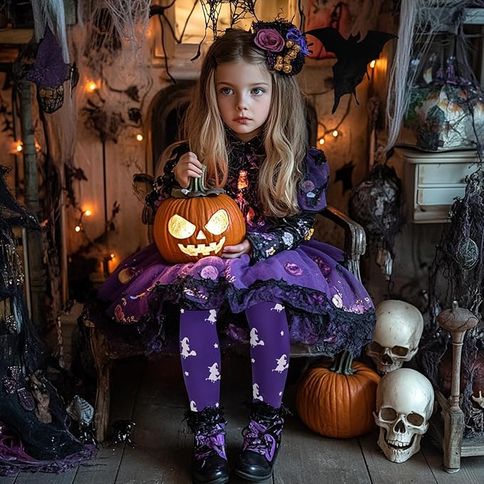 MANZI Girl's Halloween Witch Print Purple Tights for Girls Childrens Halloween Fancy Dress XL Age 8-10
