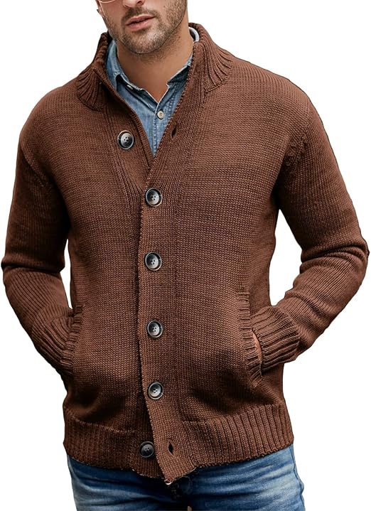 Gemijacka Mens Knitted Cardigan Stand Collar Sweater Button with Pockets Brown, L
