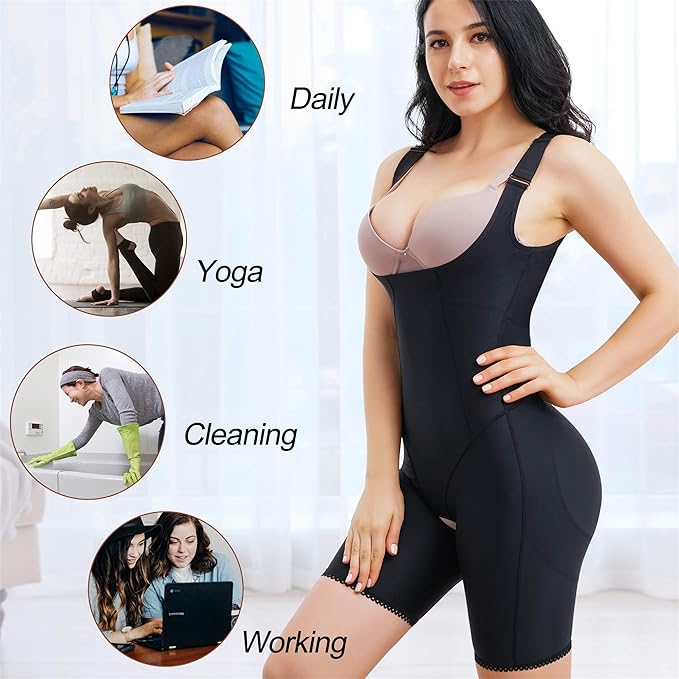 Chumian Waist Trainer Bodysuit for Women Tummy Control Full Body Shaper Open Bust Shapewear Thigh Slimmer Corset (Black, X-Large)