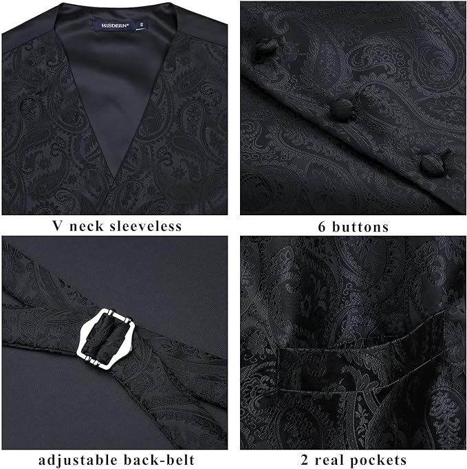 Hisdern Men's Paisley Floral Jacquard Waistcoat&Necktie and Pocket Square Vest Suit Set, Black, 3XL(Chest 54 inch)