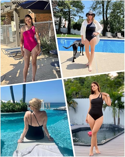Holipick One Shoulder One Piece Swimsuit for Women Tummy Control Bathing Suits Modest Full Coverage Keyhole Swimwear, Black, Medium