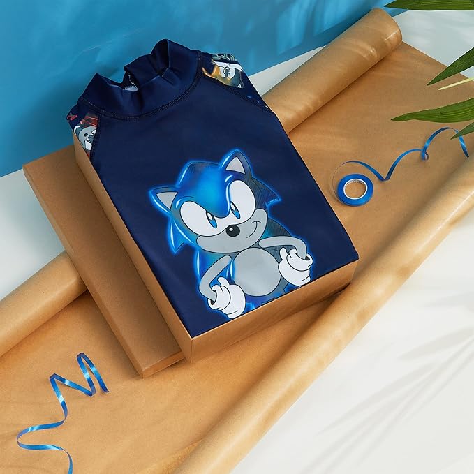 Sonic The Hedgehog Boys Swimming Costume Summer Holiday Essentials for Kids Childrens Swimwear 3-10 Years Short Sleeve Full Body Swimsuit with Zip Beach Pool (Navy, 7-8 Years)