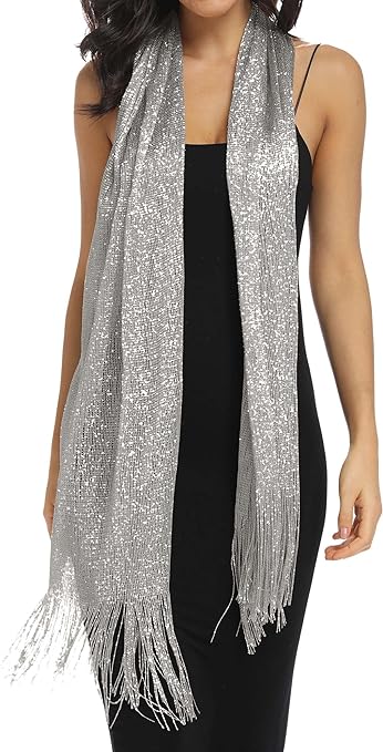 Rheane Sparkling Metallic Shawls and Wraps with Buckle for Evening Party Dresses Wedding Party, C. Dark Gray/Silver (With Silver Buckle), Large