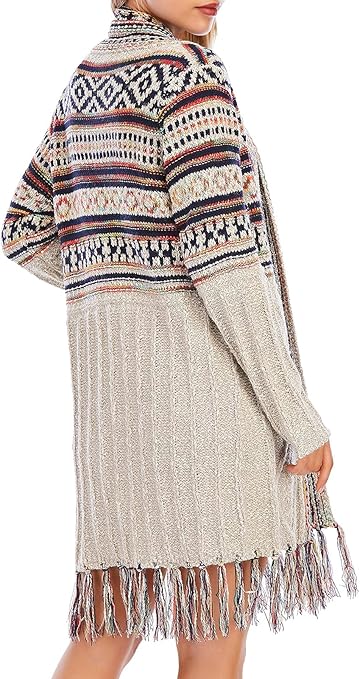CGYY Women's Long Sleeve Open Front Cardigan Sweaters Boho Tassel Cardigan Aztec Tribal Stripe Fringe Cardigan