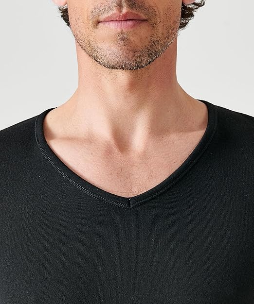 Damart Men's T-Shirt Col V, Maille Interlock Thermolactyl Thermal Top, Black, M