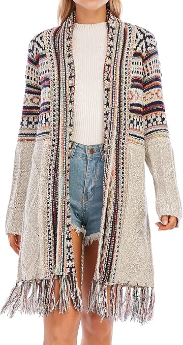 CGYY Women's Long Sleeve Open Front Cardigan Sweaters Boho Tassel Cardigan Aztec Tribal Stripe Fringe Cardigan