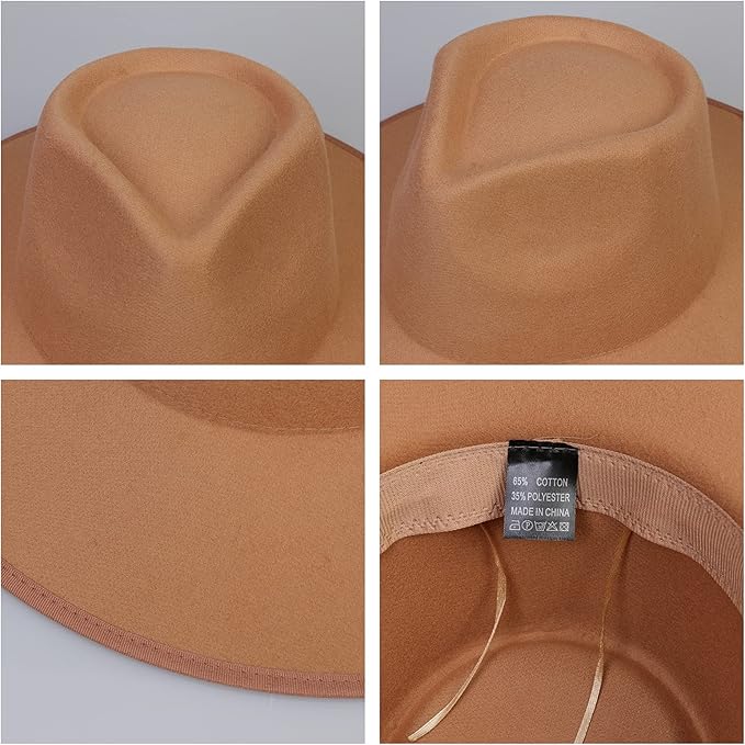 JK Home Wide Brim Fedora Hat - Wool Felt Panama Cap - One Size Unisex Women Men - Brown Leather Buckle Band