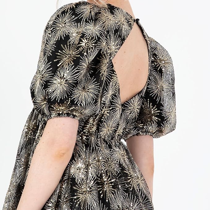 Lovedrobe Women's Midi Dress Ladies Short Puff Sleeve Mesh Star Sequin Embellished Round Neck A-line for Party Cocktail Evening, Gold, 16