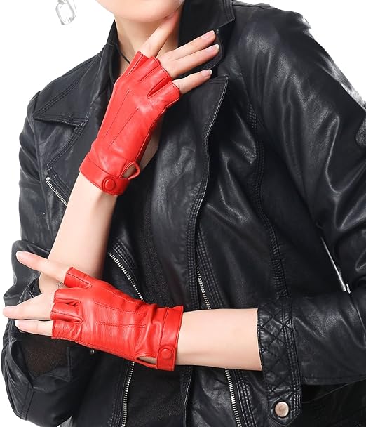 NappaNovum Women's Half Finger Leather With Silk Lining Performance Cycling Driving Gloves (S, Bright Red)