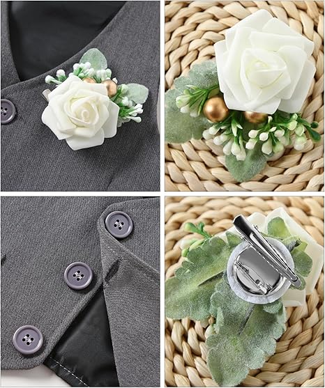 SOLOYEE Baby Boys Formal Suit, Infant Gentleman Wedding Outfit Newborn Bodysuit + Pants + Waistcoat + Bow Tie + Corsage Christening Clothes 5Pcs Set (Grey, 6-12 Months)