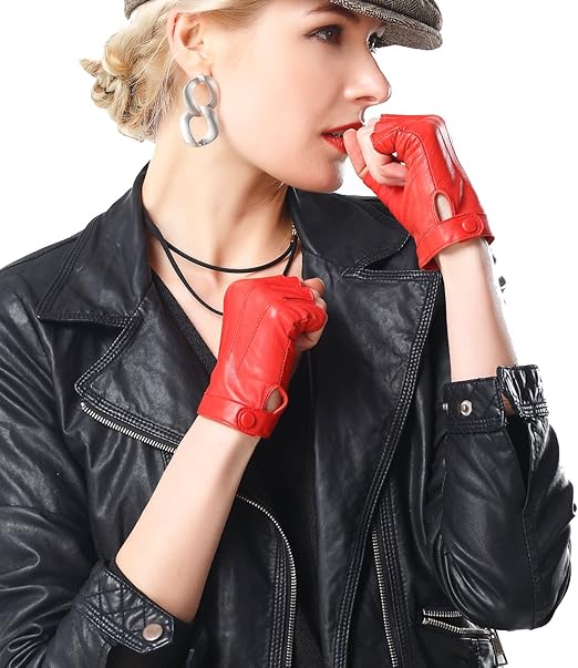 NappaNovum Women's Half Finger Leather With Silk Lining Performance Cycling Driving Gloves (S, Bright Red)