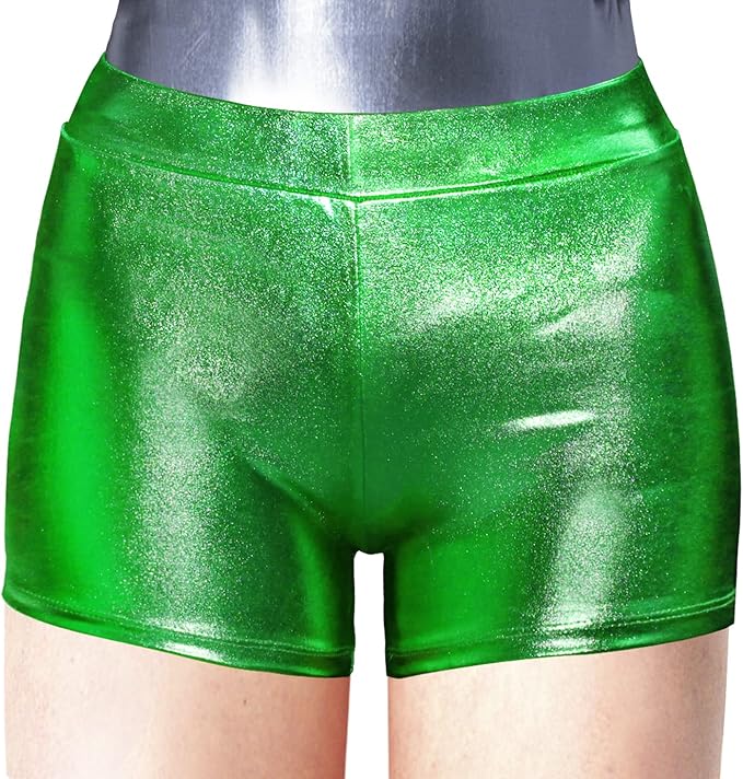 Shiny Metallic Shorts for Women, Sexy Women's Culotte for Costumes, Dance Club and Parties, green, L