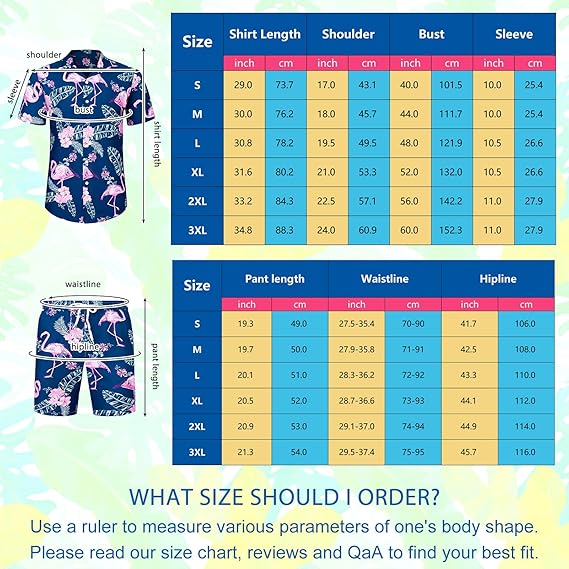 Blisscok Hawaii Men's Shirt with Hawaiian Shirt Flamingo Floral Wrinkle Free for Beach Party Pack of 2 Shorts and Shirt