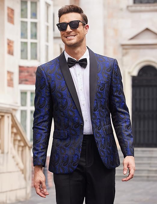 COOFANDY Mens Paisley Suit Lapel Jackets Tuxedo One Button Dinner Jacket Smart Blazer Retro Slim Fit Coat Party Blue XXL