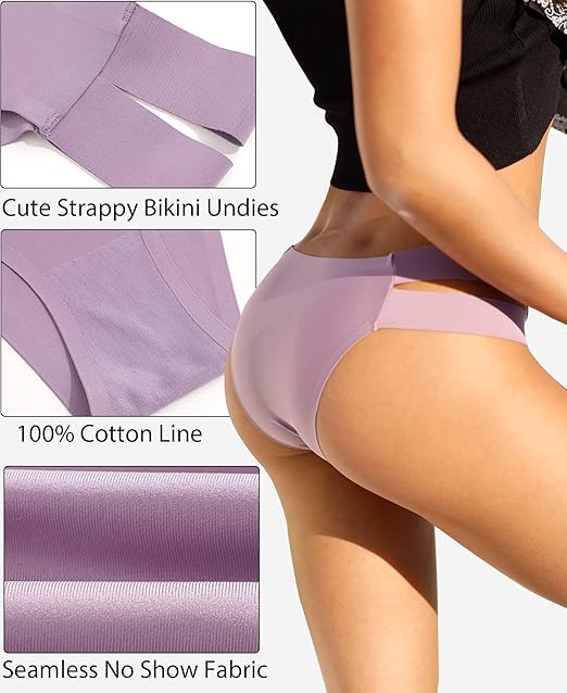 Seamless Underwear for Women Sexy Bikini Panties No Show High Cut Hipster Stretch Straps Cheeky Panty for Ladies 6 Pack, A 6pack (Purple*1 Grey*1 Black*1 Brown*1 Wine*1 Pink*1), Medium