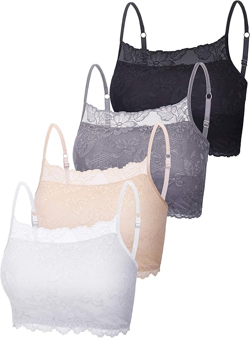 4 Pieces Women's Lace Bralette Cami Lace Half Camisole Stretchy Non Padded Bandeau Tube Top Bra for Women Girls (Black, White, Beige, Grey,X-Large)