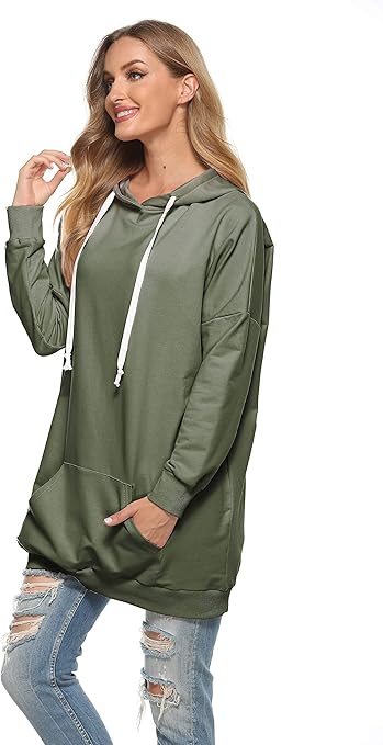 Famulily Womens Hoodies Casual Oversized Plain Long Hooded Sweatshirt Tunic Tops with Pockets Army Green M