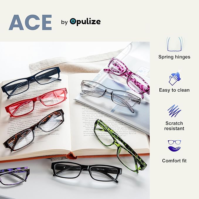 Opulize Ace Reading Glasses 6 Pack Classic Everyday Narrow Frame Scratch Resistant Spring Hinges Black Blue Pink Purple Green Red Mens Womens RRRRRRR32-13456Z +2.50