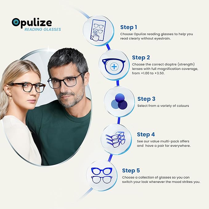 OPULIZE Pep Reading Glasses 6 Pack Classic Everyday Rectangular Frame Spring Hinges Scratch Resistant Black Brown Transparent Grey Mens Womens +2.50
