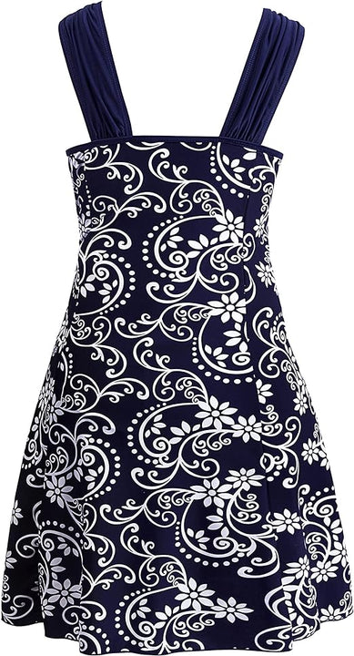 Wantdo Women's One-Piece Swim Dresses Plus Size Skirtini Tummy Control Swimsuits Summer Swimming Costume with Skirt Porcelain 16-18