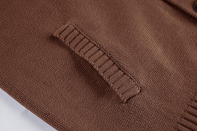 Gemijacka Mens Knitted Cardigan Stand Collar Sweater Button with Pockets Brown, L