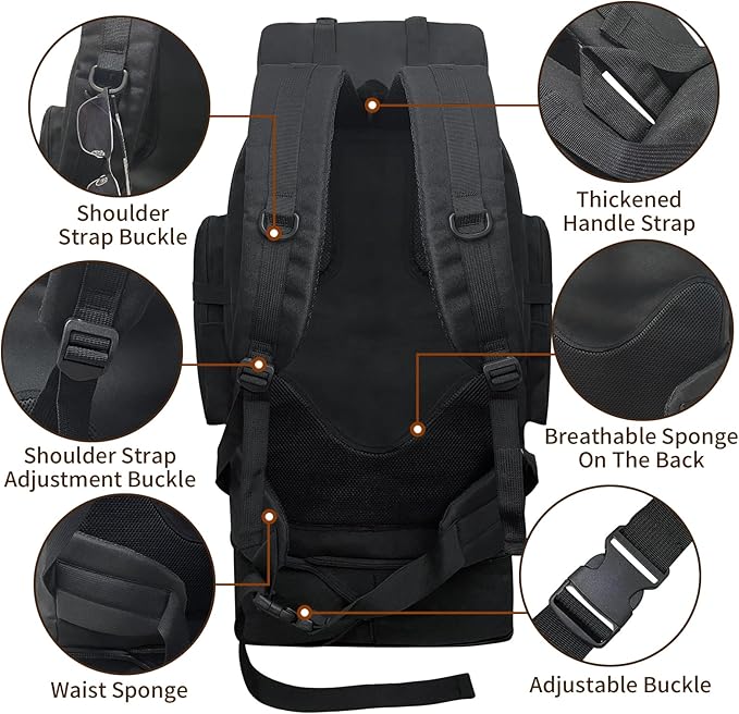 Vaupan Hiking Backpack, 100L Large Camping Backpack, Expandable Waterproof Molle Rucksack, Outdoor Sport Travel Daypack Military Tactical Backpack for Men Women (Black)