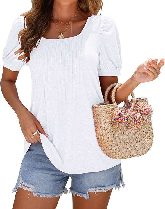WNEEDU Ladies Tops Square Neck T Shirts for Women UK Summer Puff Short Sleeve Blouses Pleated Tunic Tshirts Flowy Elegant Casual Tee White S