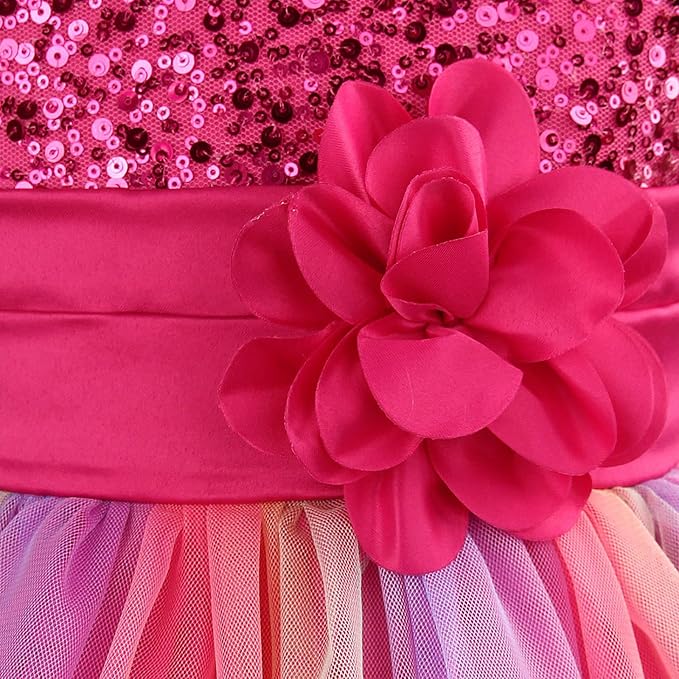 M MUNCASO Girls Princess Dress Sequin Tulle Flower Rainbow Round Collar Sleeveless Formal Dress Birthday Party Wedding Bridesmaid Girl Evening Dresses Toddler Baby Age for 5-6 Years(Rose Red)