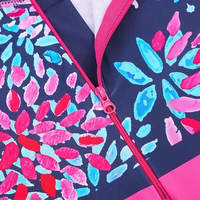 HUAANIUE Long Swimsuit Girls Swimming 1pcs Swimwear UPF 50+ UV Sunsuit with Zipper 4-12Y Summer Swimming Sportswear(DaisyNavy,12A)