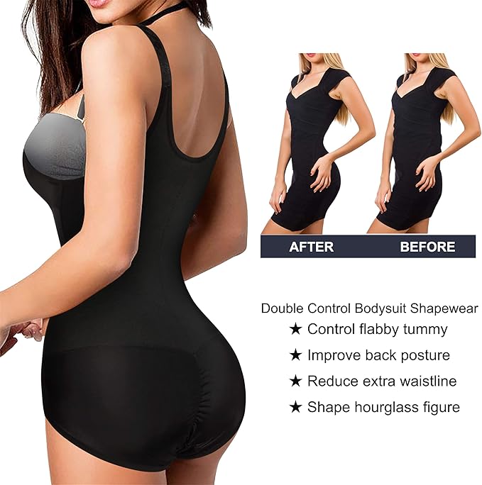 Chumian Women Waist Trainer Corset Firm Control Shapewear Slim Full Body Shaper Open Bust Bodysuit (Black, X-Large)