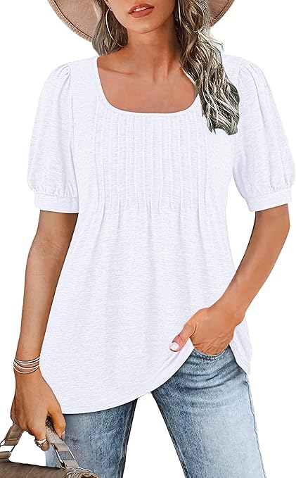 WNEEDU Ladies Tops Square Neck T Shirts for Women UK Summer Puff Short Sleeve Blouses Pleated Tunic Tshirts Flowy Elegant Casual Tee White S