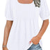 WNEEDU Ladies Tops Square Neck T Shirts for Women UK Summer Puff Short Sleeve Blouses Pleated Tunic Tshirts Flowy Elegant Casual Tee White S