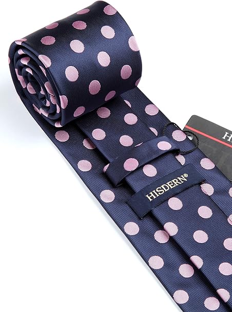 HISDERN Extra Long Polka Dots Tie Handkerchief Men's Necktie & Pocket Square Set , XL, 63 inches length, Pink / Navy Blue