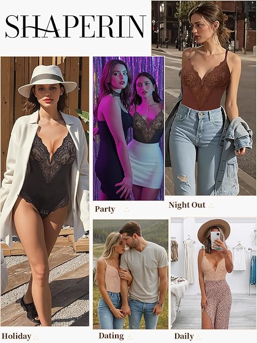 SHAPERIN Women Lace Bodysuit Shapewear Tummy Control Shaping Bodysuit Sexy Deep V Neck Bodysuit Top Body Shaper with Bra, Black, XL