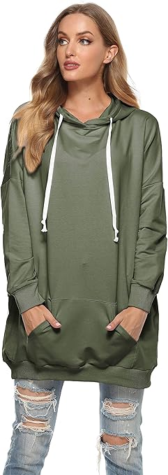 Famulily Womens Hoodies Casual Oversized Plain Long Hooded Sweatshirt Tunic Tops with Pockets Army Green M