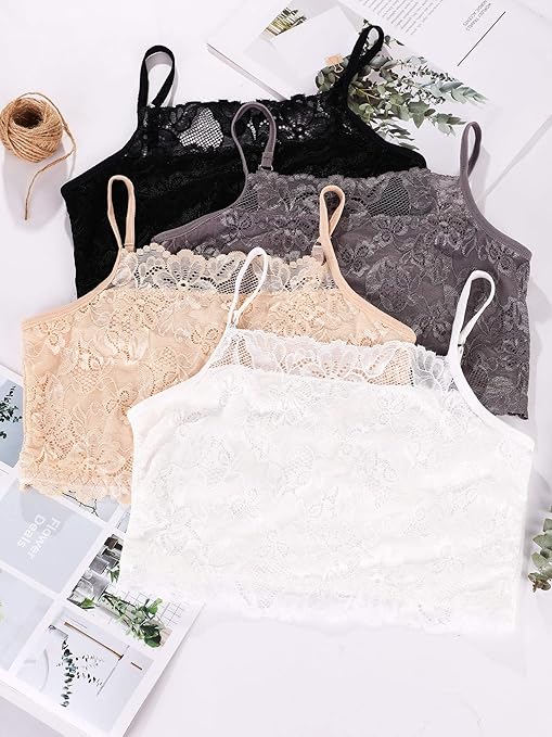 4 Pieces Women's Lace Bralette Cami Lace Half Camisole Stretchy Non Padded Bandeau Tube Top Bra for Women Girls (Black, White, Beige, Grey,X-Large)