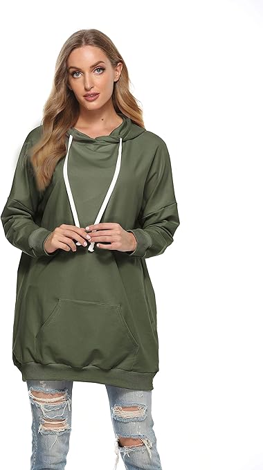 Famulily Womens Hoodies Casual Oversized Plain Long Hooded Sweatshirt Tunic Tops with Pockets Army Green M