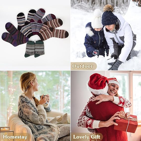 YSense Beau 5pairs Women Merino Wool Socks Thermal Chunky Winter Hiking Breathable Cushioned Cotton Socks Ladies' Cosy Warm Wool Crew Socks Gift Vintage Style