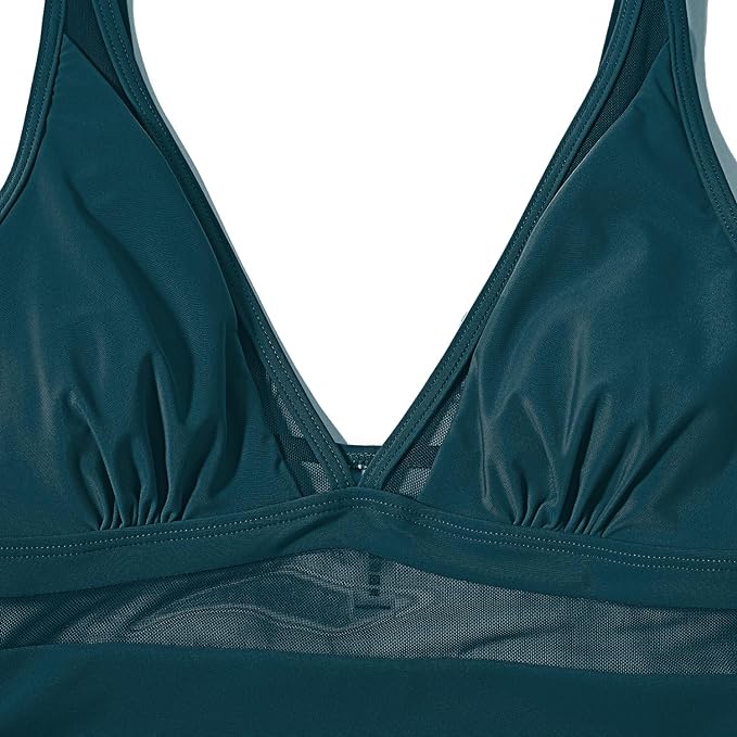 DOULAFASS Sexy Mesh Swimming Costume Women Tummy Control Swimsuit V Neck Padded One Piece Swimwear, Green, XL