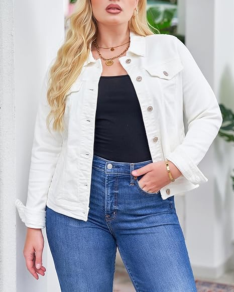 Vetinee White Denim Jacket White Jackets for Women Uk Ladies Casual Jackets Women's White Jackets Summer Jackets for Women Plus Size Denim Jacket White Size XX-Large Fits UK Size 24 to UK Size 26