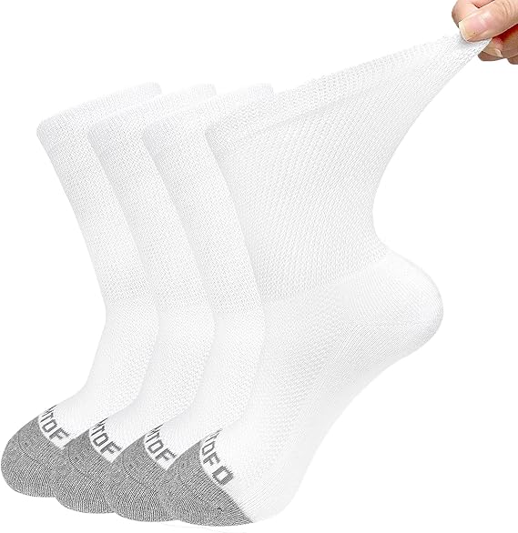 ZFSOCK Diabetic Socks Men Women: Diabetic Socks Without Elastic Waistband Without Seam Cotton Health Socks Without Rubber Calf Length Business Socks with Comfort Waistband Plush Sole 4 Pairs, White