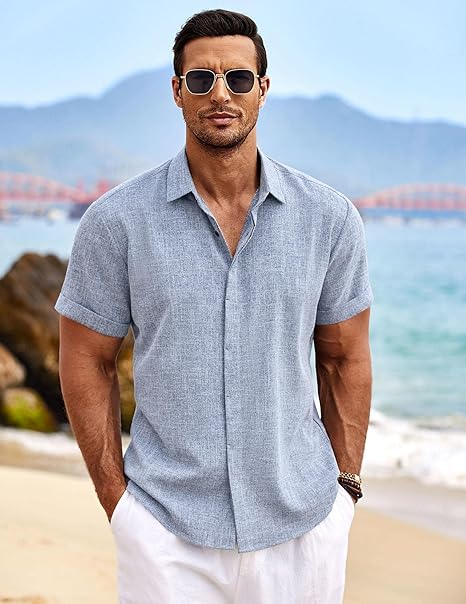 COOFANDY Mens Linen Shirts Short Sleeve Summer Button Down Beach Shirt, White, M