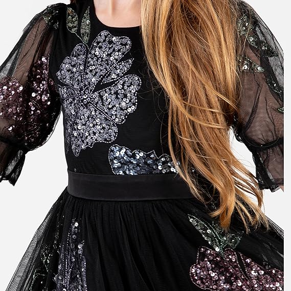 Maya Deluxe Girl's Midi Dress Floral Sequins Embellished Short Sleeve Puff Tulle Tutu Party Bridesmaids Wedding with Belt Bow, Black, 9-10 Years