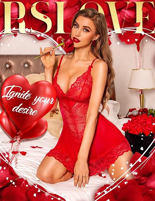 RSLOVE Women Sexy Lingerie Lace Babydoll Mesh Chemise Sleepwear Bridal Nightdress Red Small