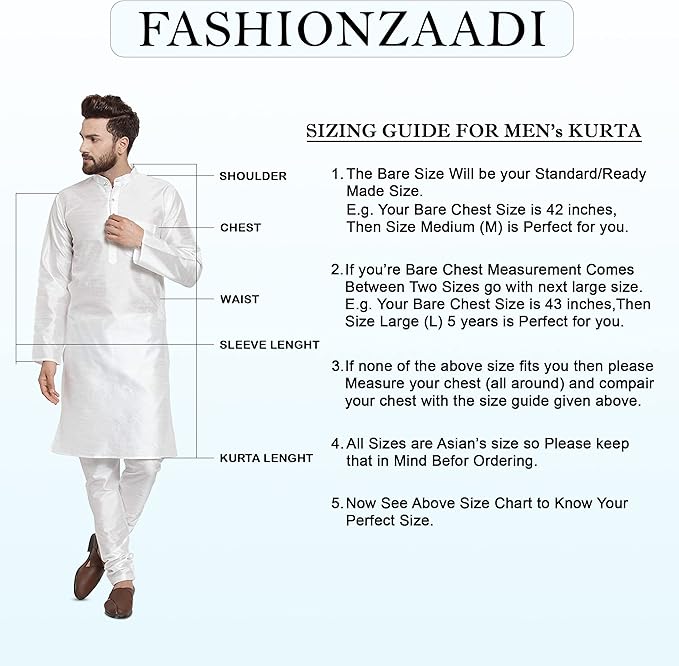 FASHIONZAADI Men Silk Kurta Pajama Set Indian Men's Wedding Designer Collection Party Wear Churidar Kurta for Boys (White, 3XL)