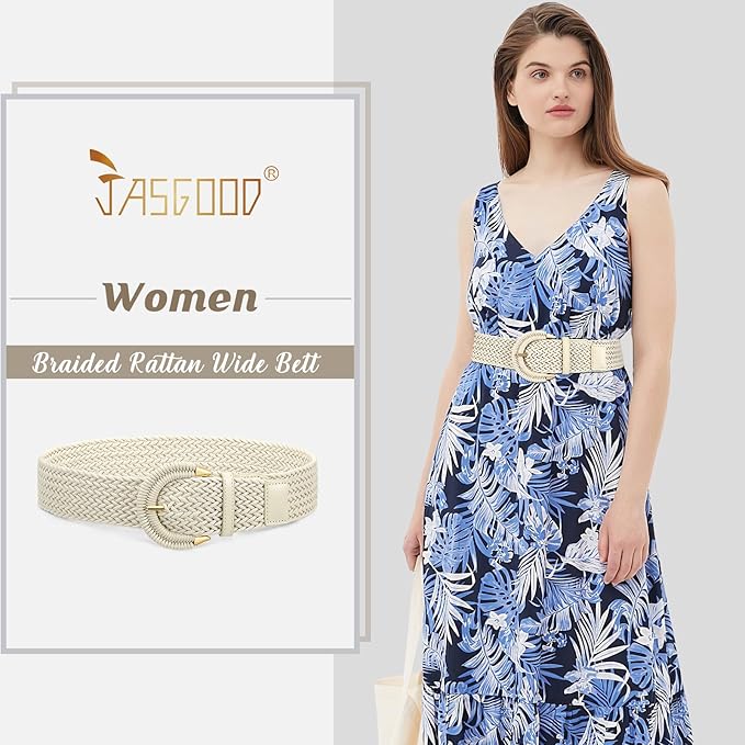 JASGOOD Women Braided Rattan Wide Belt Woven Waist Belt With Half-Circle Buckle for Summer Dress Jeans Pants Beige S:Fit Waist Size 120cm