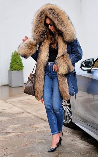 Aox Women Winter Faux Fur Hood Warm Thicken Coat Lady Casual Plus Size Parka Jacket Outdoor Overcoat (20, Denim 2039)